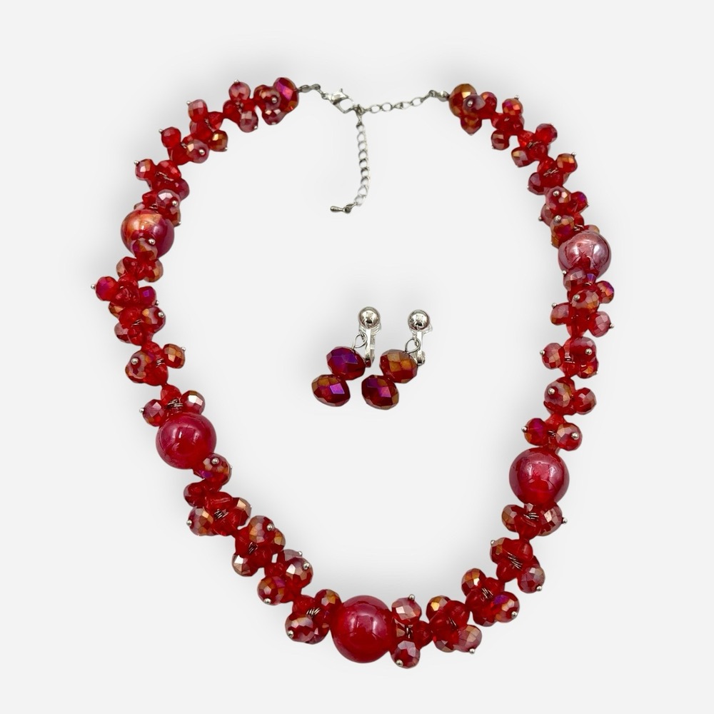 Vintage Red Aurora Borealis Faceted Ball Bead Cluster Necklace Clip Earrings Set